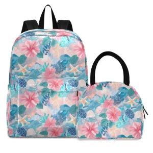 2PCS Tropical Floral Sea Turtle Print Backpack Insulated Lunch Tote Custom Logo School Bag Student Backpack Set