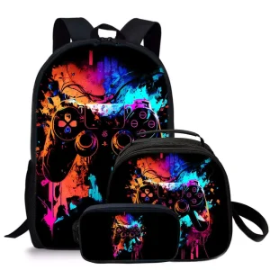 3 Pcs Set Neon Gamer Backpack Video Game Controller Print Unisex School Bag Lunch Box Pencil Case Geometric Zipper