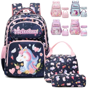 3-in-1 Durable Unicorn Pattern School Backpack Set for Girls Including Lunch Bag School Supplies for Back to School