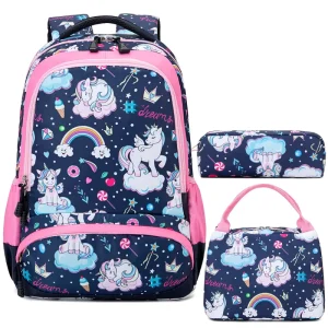 3-in-1 Unicorn School Backpack for Girls Water-Resistant School Bag with Pencil Case Lunch Box for Students Kids