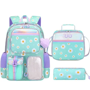 3 pc set Student Backpack Girls’ Backpack Printed Backpack Waterproof Daisy Print Pattern Cute Children’s Backpack