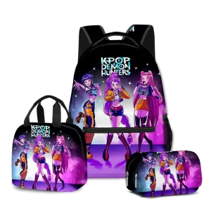 3D Cross-Border Sales KPop Demon Hunters Fashion Backpack Lunch Bag and Pencil Case Three-Piece Set Zipper Closure