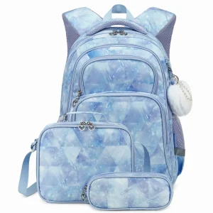 3in1 Primary School Bag 3 Pc Set Student Backpack with Pencil Case Lunch Box Printed Cute Princess Book Bag Elementary Preschool
