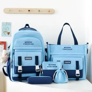 5pcs Set Backpack for Junior High School Students Trendy Large Capacity Backpack Korean Version Cute Student Bag