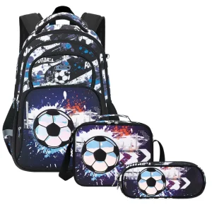 6-12 Ages Heavy Duty Waterproof Black School Bag Set Boys’ Cartoon Kids Backpack with Football Printing 3 Set Pieces