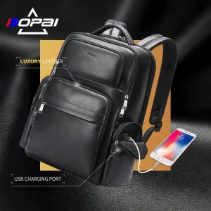 BOPAI Large Capacity Business 15.6 Inch Laptop USB Charging Custom Bag Pack Men Luxury Travel Genuine Leather Backpack