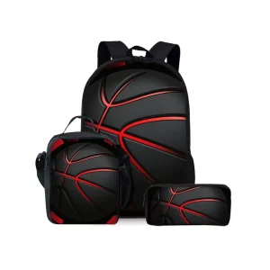 Basketball Print Waterproof Polyester Three Piece Backpack Set for Boys and Girls 2D Flat Cartoon School Bags
