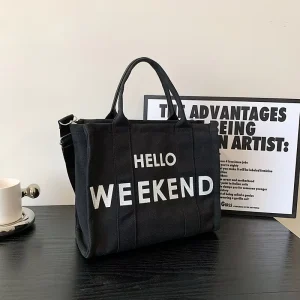 Black Cotton Canvas Tote Bag with Strap for Women Canvas Shoulder Crossbody Tote Bags for Grocery Shopping