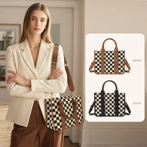 Black White Checkered Canvas Tote Bag 2-Way Top Handle Crossbody Bag Casual Top Handle Shoulder Bag with Adjustable Strap