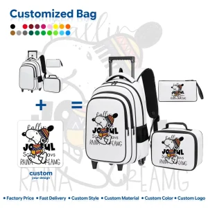 Cartoon Dog Custom Printed Wheeled Backpack Set Polyester Kids Rolling School Trolley Bag Lunch Kit Custom Name Design Available