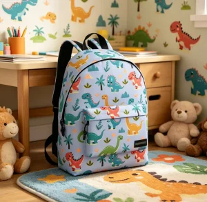 Cartoon Print Waterproof Polyester Student Backpack with Zipper Closure Card Hold & Stationery Bag for High School Unisex