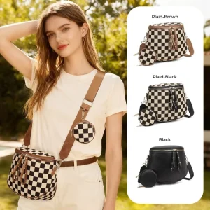 Checkered Pu Leather Bum Bag Fashion Crossbody Messenger Women Bag Travel Shoulder Purse Belt Waist Plus Size Sling Bag