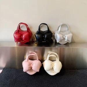 Children Accessories Pu Leather Bow Zipper Princess Shoulder Messenger Mini Bags for Girs