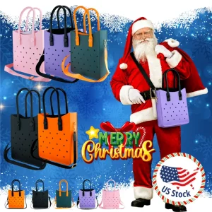 Christmas EVA Tote Bag Red Green Waterproof Handbag Punch Hole Style for Women Holiday Gift Tote
