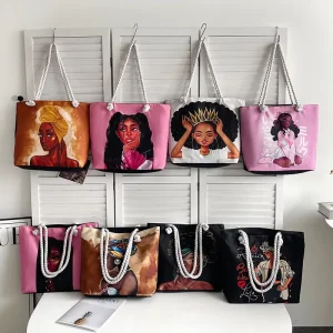 Classic Outdoor Practical All-Match Retro Canvas Handheld Beach Bag Zipper Closure Cartoon Print Large Capacity Canvas Tote Bag