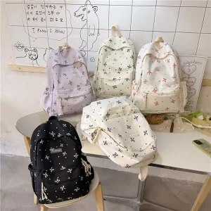 College Style Bow Print Backpack Korean Version Large Capacity Nylon Cute Women’s Shoulder Bag