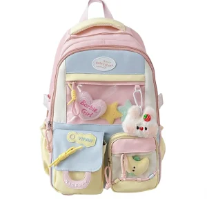 Contrasting Color Korean Style Nylon Backpack Polyester Large Capacity Multiple Pockets for School Campus Use