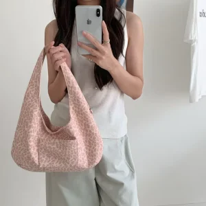Cotton Leopard Print Shoulder Bag Large Capacity Tote for Women Casual Daily Use Handbag