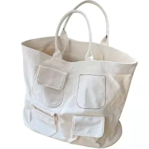 Cotton Women’s Canvas Handbag Large Capacity Casual Tote Shopping Bag Featuring Multiple Exterior Pockets Recyclable Feature