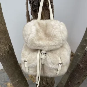 Cream Fluffy Unisex Faux Fur Backpack Cute Mini Casual Travel School Rucksack Kawaii Plush Pendant Daypack Zipper