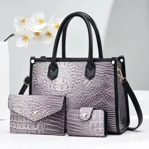 Crocodile Cross-Border Women’s Large Capacity Shoulder Crossbody Handbag Solid Color Three-Piece Set Bag