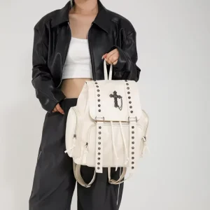 Cross Goth Backpack Women Rivets Shoulder Daypack Gothic Back Pack Halloween PU Leather Rock Backpacks