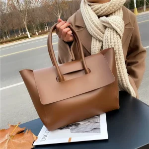 Cross border Large Capacity Women’s Tote Bag Hand Carry Single Shoulder Retro Fashion PU Material