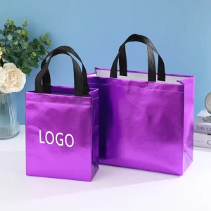 Custom Carry Laminated LOGO Fabric Bag Non Woven Tote Bag Reusable Shopping Laser Metallic PP Shiny Bags