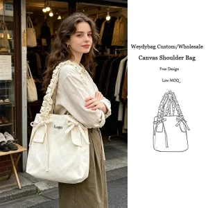 Custom Cotton Canvas Tote Bag with Ruffle Handle Bowknot Cotton Shopper Eco Friendly Shoulder Bag Button Closure OEM ODM Factory
