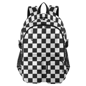 Custom Design Black White Check Checkered Girls Boy Daypack Books School College Laptop Travel Bag with Mesh Pockets