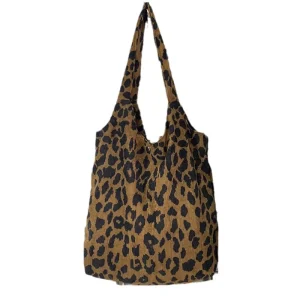 Custom Logo Lady Fashion Simple Corduroy Bag Shoulder Handbags Leopard Print Big for Girl Student