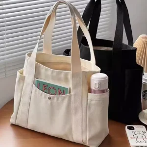 Custom Logo Printed Eco Friendly Reusable Organic Calico Canvas Cloth Tote Bag Grocery Cotton Shoulder Shopping Bags with Zipper