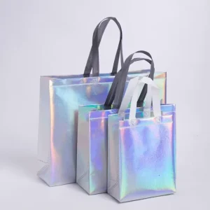 Custom Logo Silk Screen Printed Laser Nonwoven Recyclable Reusable Reflective Waterproof Tote Bag Metallic Finish Handle