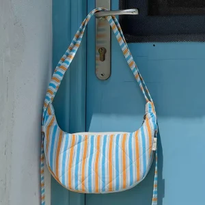 Custom Size Logo Design Blue and Yellow Striped Printed Canvas Adjustable Crossbody Messenger Banana Shoulder Bag