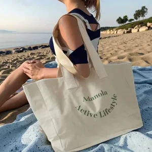 Customized Logo Printed Oversized Cotton Canvas Tote Bag Recyclable Active Lifestyle Sporty Weekday Weekend Shopping Bag for Gym