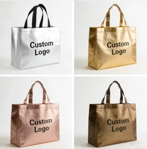 Customized Size and Logo Reusable Metal Glossy Laminate PP Non Woven Shopping Packing Tote Grocery Non Woven Bag