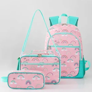 Cute Cartoon Oxford Zipper School Backpacks Lunch Bag Pencil Case 3 in 1 Book Bag Set for Elementary