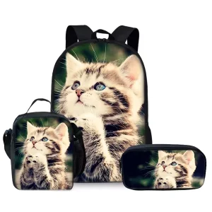 Cute Cat Three Piece Waterproof Fashion Cartoon Backpack Set Zipper for Boys Girls School Backpack Durable Breathable