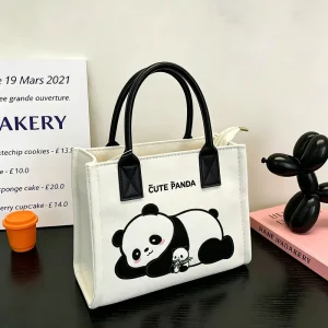 Cute Panda Canvas Tote Bag Crossbody Multi-compartment Zipper Handbag for Travel Souvenir Gifts