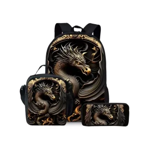 Dragon Print Three Piece Waterproof Backpacks Set for Boys and Girls 2D Flat Cartoon School Bags for Children