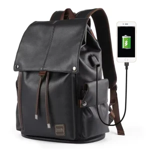 Drawstring Waterproof PU School Bag Fashionable Original Design Unisex Backpack with USB Black Travelling Laptop