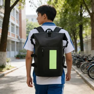 Durable Rolling Reflective Waterproof Backpack with Zipper Closure Hiking Dry Bag with Letter Pattern Waterproof Pocket