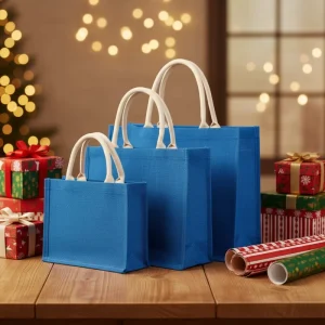 Eco Friendly Custom Logo Jute & Linen Beach Tote Bags Reusable Vintage Blue Tote Bag Packaging with Laminated Finish