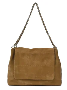Elegant Brown Black Faux Suede Quilted Shoulder Bag Braided Chain Strap Large Capacity Multi Pockets Flap Top