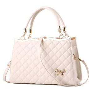 Elegant White Quilted Women Handbag with Bow Decor Fashionable Top Handle Crossbody PU Leather Bags
