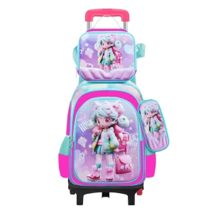 Elementary School Students’ Wheeled Backpack Lunch Bag and Pencil Case 3D Leather Three Piece Set for Children