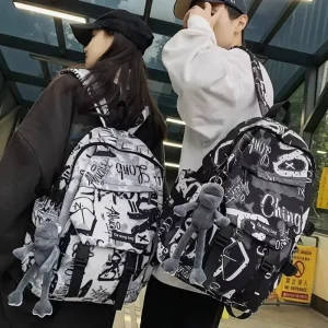 Fabric Backpack Black Grey White Street Fashion Large Capacity School Bag