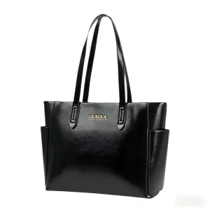 Factory Custom Genuine Leather PU Leather Tote Bags for Women OEM ODM Large Capacity Black Shoulder Bags with Custom Logo