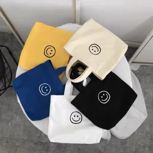 Factory Eco-friendly Small Cotton Shopping Bags Custom Logo Smiling Face Canvas Tote Bag With Handles