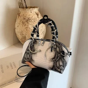 Fashion Retro Stone Shoulder Bags for Women Versatile Snake DIY Ladies PU Leather Handbag Y2K Cool Girls Crossbody Shell Bag